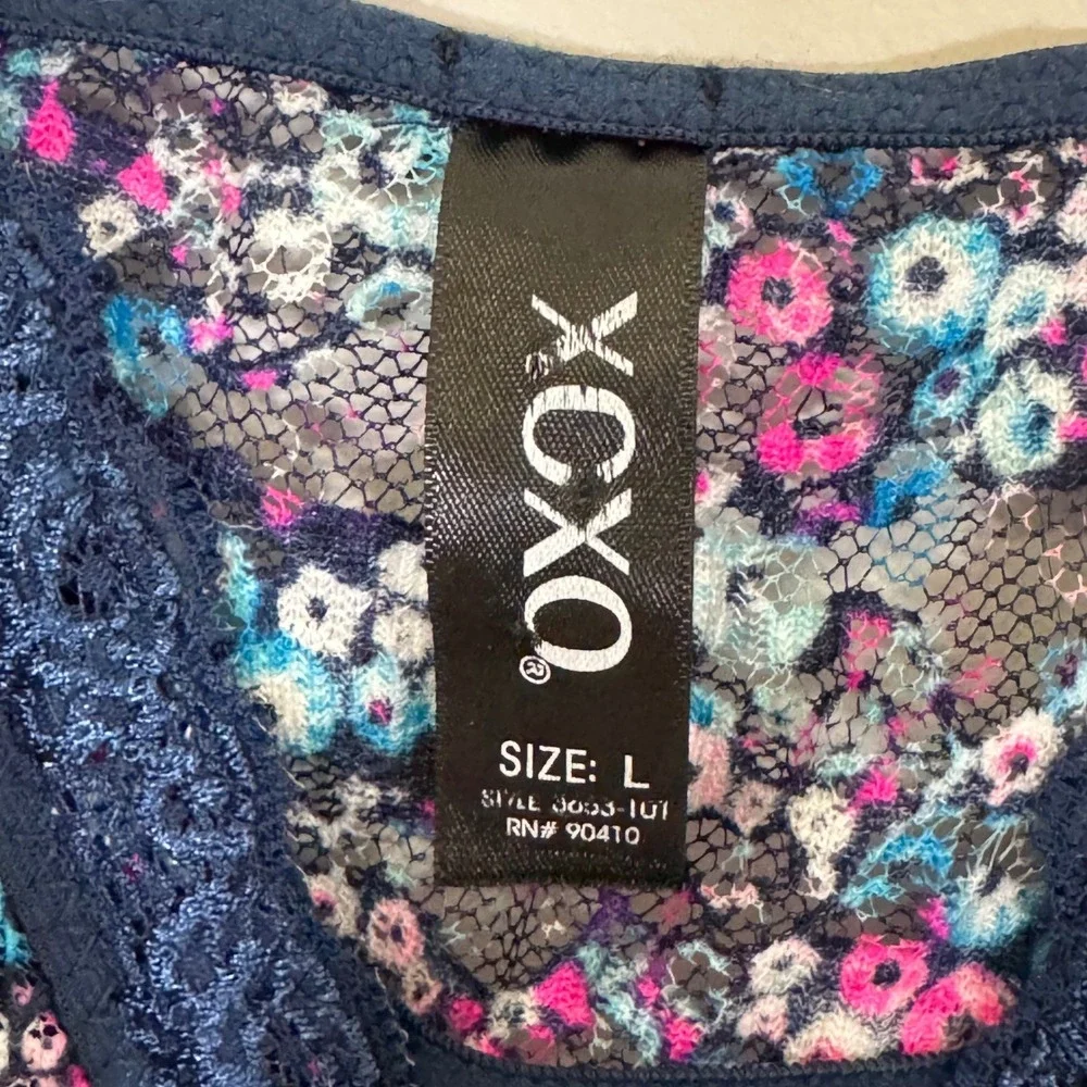 XOXO Y2K Blue Floral Print Sleeveless Lace Trim V-Neck‎ Cami Slip Mini Dress L
